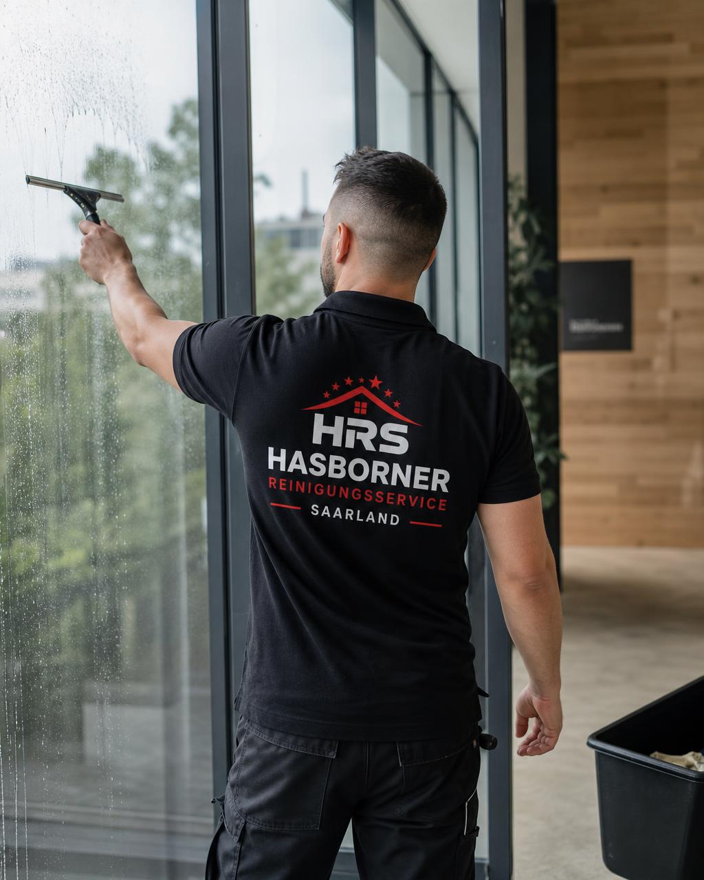 Professionelle Reinigungskraft von Hasborner Reinigungsservice bei der Arbeit in einem hellen, modernen Innenraum