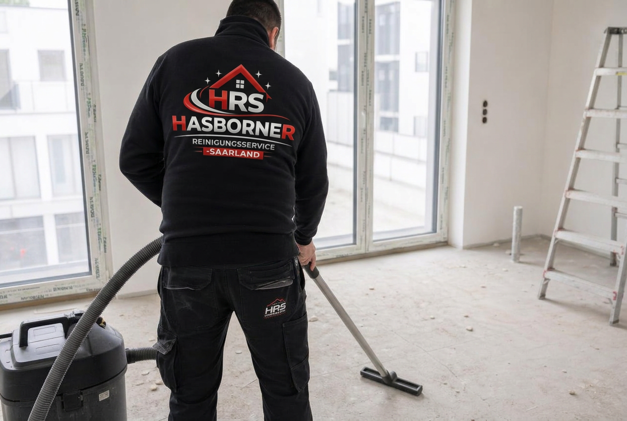 Mitarbeiter in schwarzer HRS-Arbeitskleidung bei der Baureinigung einer neuen Wohnung